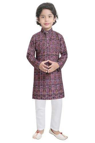 TinySteps Traditional Ethnic Wear Boys Printed Kurta With Sequence Work And White Cotton Elastic Waist Pajama Set (Wine)