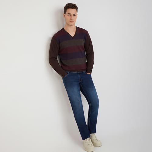 Park Avenue Men's Regular Fit Acrylic Wool Blend Full Sleeve V Neck Stripe Pattern Dark Brown Casual Sweater (Size: M)-PCWA00268-O8