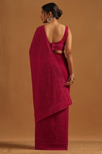 Soch Womens Fuchsia Georgette Botanical Saree With Stone Work