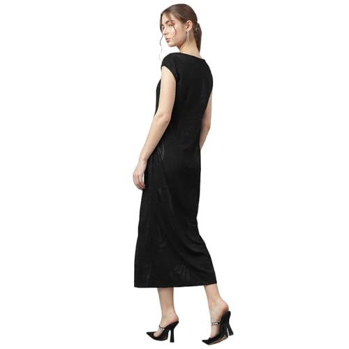 Latin Quarters Women Black V-Neck Short Sleeves Solid A-Line Dress L