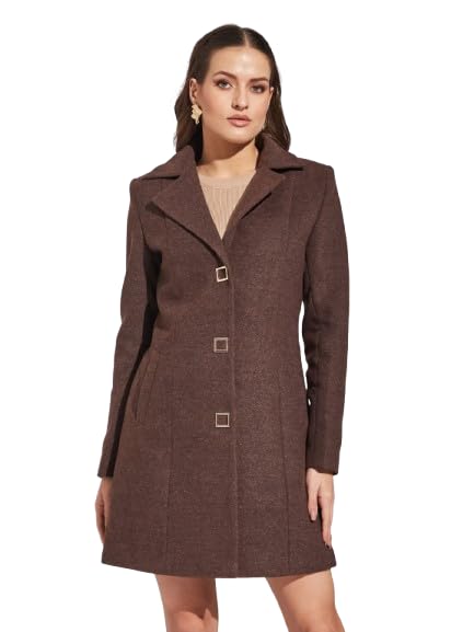 Latin Quarters Women's Brown A-Line Lapel Collared Casual Solid Coat