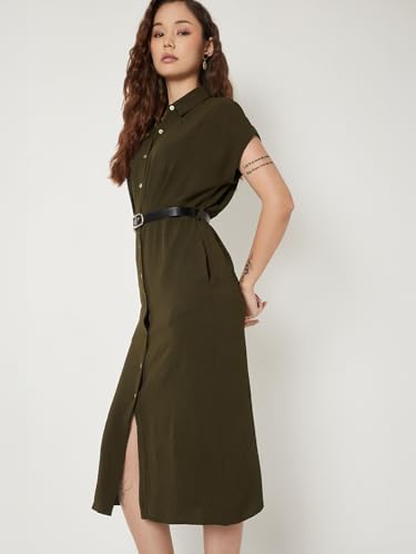 Max Women Solid Shirt Dress with Belt (Green_XS)