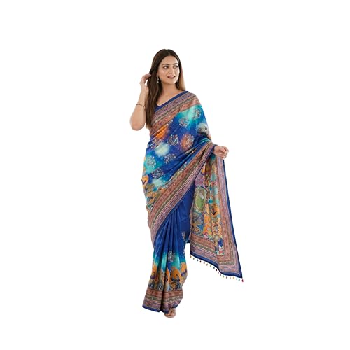 SHANTVAN GALLERY Women's Roman Silk 3D Position Print Peacock Saree with Real Mirror Work & Kodi Latkan – Festive Occasion Saree with Blouse Piece (Royal Blue)