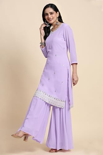 TRENDMALLS Women's Georgette Embroidery Sequins Work Kurta Sharara Set with Dupatta (G251-LightPurple-XXL)