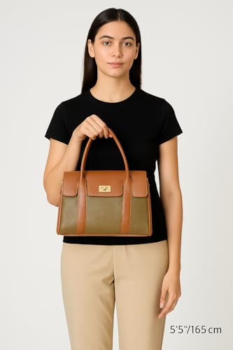 eske Noah Flap Handbag for Women Genuine Leather Satchel with Twist Lock Closure Dual Handles Detachable Sling Strap 1 Compartment Zipper and Slip Pockets Office Purse (Taupe Cognac)