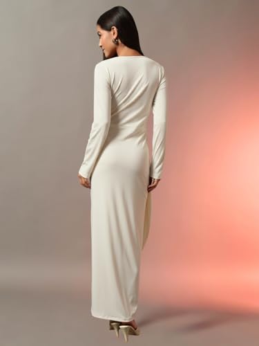 Trend Arrest.ed Women's Draped Bodycon Maxi Dress | Long Sleeve Square Neck Gown | Elegant Ruched Party Dress (Off White,S)