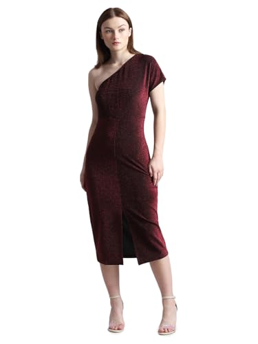 ONLY Women Solid Polyester Calf Length Maroon Bodycon Dress
