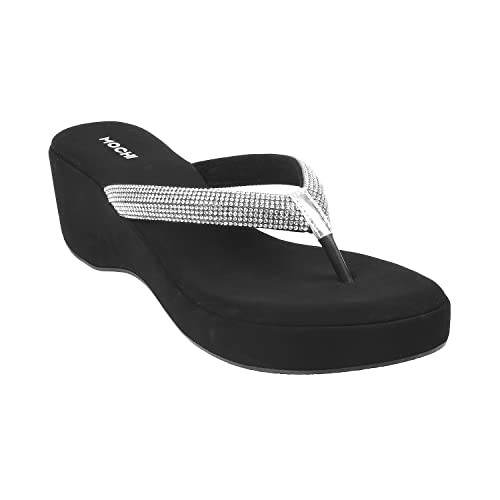 Mochi Women's Black Silver Studded Wedge Sandals | 4 Inch Heel Height | Premium Suede Open Toe Slip On Fashion Footwear | Lightweight | Comfort | Party, Casual, Festive, Stylish Wear | UK 3