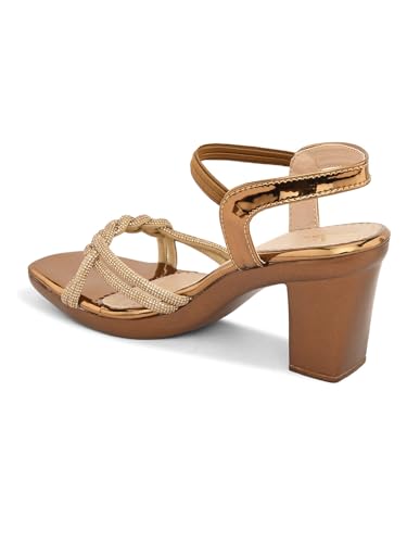XE Looks Women's Copper Block Heel Sandals | Braided Strap Design with Glossy Finish | Elegant & Trendy Sandals With Ankle Strap | Comfortable & Stylish Block Heels For Girls & Women