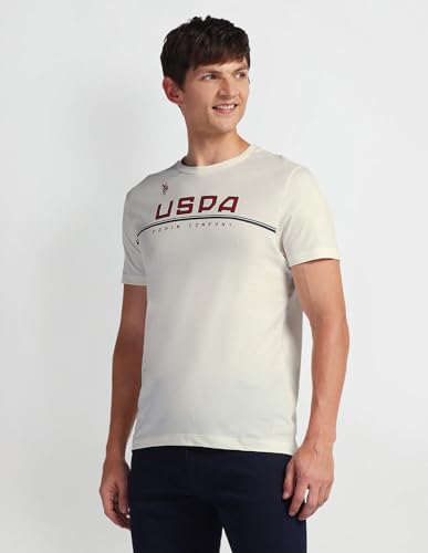 U.S. POLO ASSN. Mens Solid Half Sleeve Brand Carrier Round Neck T-Shirts (UDTSHS0886_Off White_L)