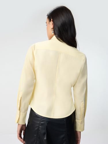 The Souled Store Buttoned in Bento Women and Girls Full Sleeves Spread Collar Light Yellow Embroidered Cotton Slim Fit Comfortable Everyday Shirt for Casual Wear