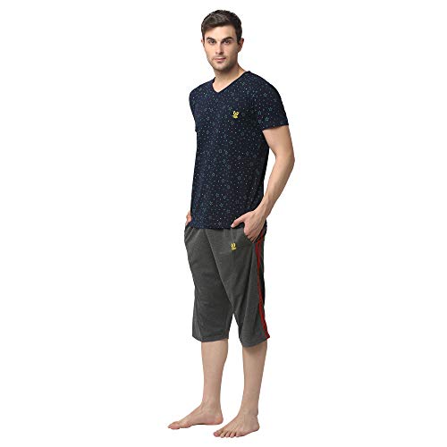 Mack JONNEY Cotton Blend Night Suit Co-ord Set for Men with V-Neck Half Sleeve T-Shirt and Capri-V_P1NVY_C2_ANT_02-XXL