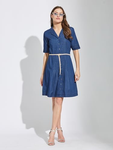Latin Quarters Women's Blue Half Sleeves Collar Neck Casual Solid Dress_XXL