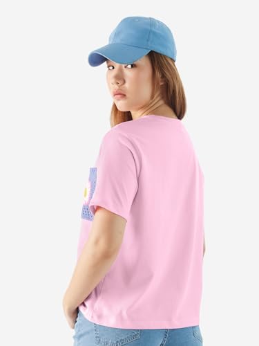 The Souled Store Coral Women and Girls Short Sleeves Round Neck Pink Crochet Pocket Relaxed Fit Cotton T-Shirts