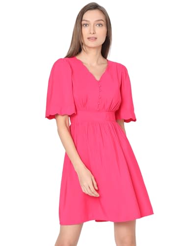 VERO MODA Women Solid Pink Viscose Above Knee Length Fit and Flare Dress