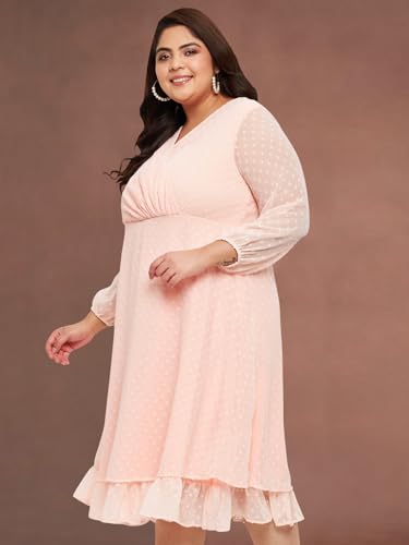 wild U Women Plus Size Dress | Wrap Dress | Chiffon | Midi | Western Stylish (Peach, Size : 3XL)