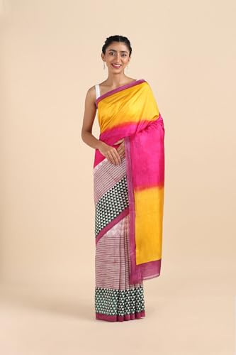 Taneira Women Yellow Silk Printed Saree with Thread Border And Unstitched Blouse Piece (SHH06I00224-Yellow)