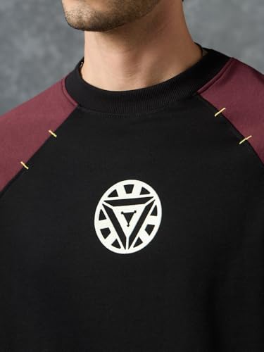 The Souled Store Iron Man: Glow Logo Men and Boys Short Sleeves Round Neck Black Graphic Printed Casual Lightweight Drop Shoulder Streetwear Trendy Oversized T-Shirt