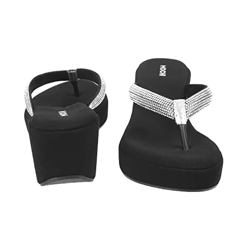 Mochi Women's Black Silver Studded Wedge Sandals | 4 Inch Heel Height | Premium Suede Open Toe Slip On Fashion Footwear | Lightweight | Comfort | Party, Casual, Festive, Stylish Wear | UK 3