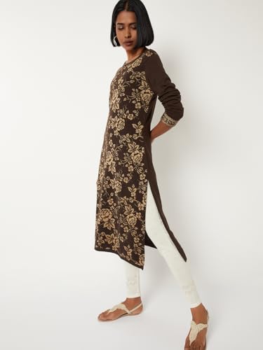 Max Women Floral Knit Straight Kurta (Brown_XXL)