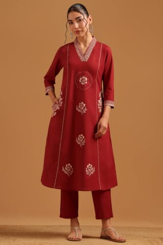 Soch Womens Maroon Cotton Digital Printed Botanical Appliqué Salwar Suit