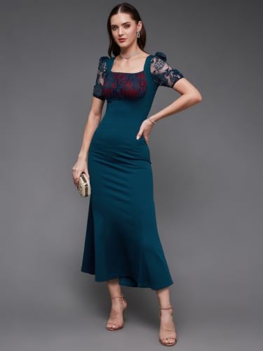 Miss Chase Women's Square Neck Short Puff Sleeve Self Design Lace Overlaid Bodycon Maxi Dress (MCAW25D87-01-UVE-05, Harbor Teal, L)