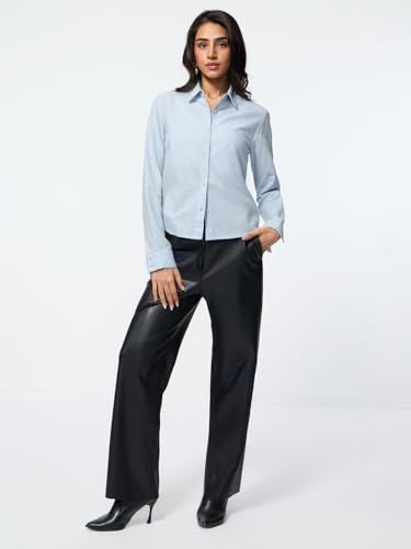The Souled Store Cotton Linen: Skyven Women and Girls Full Sleeves Spread Collar Blue Striped Regular Fit Lightweight Easy to Style Everyday Office Wear Casual Cotton Linen Shirt