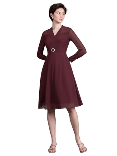Miss Chase Women'sV-Neck Full Sleeve Fit Flare Midi Dress (MCAW24D94-99-184-02, Wine Red, XS)