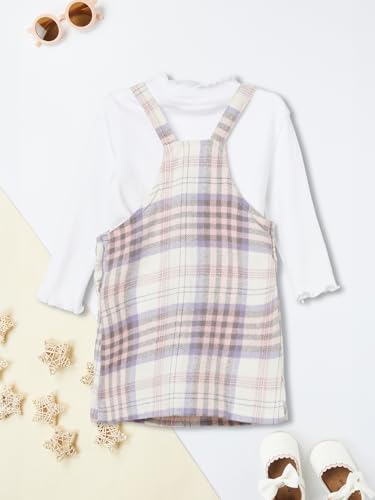 Max Girls Flannel Checked Pinafore Dress with Top (White_6-12 M)