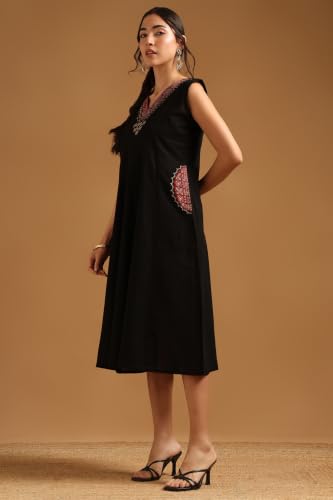 Soch Womens Black Cotton Flex Ethnic Motifs Dress with Thread Work