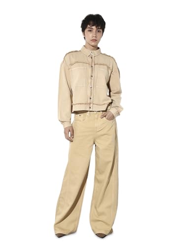 ONLY Women's Self Design Loose Fit Beige Jacket