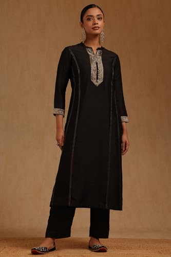 Soch Womens Black Vichitra Zari Woven Suit Set With Cutwork