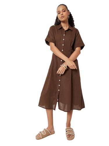 Max Women's Cotton A-Line Below The Knee Dress (LP510003_Brown
