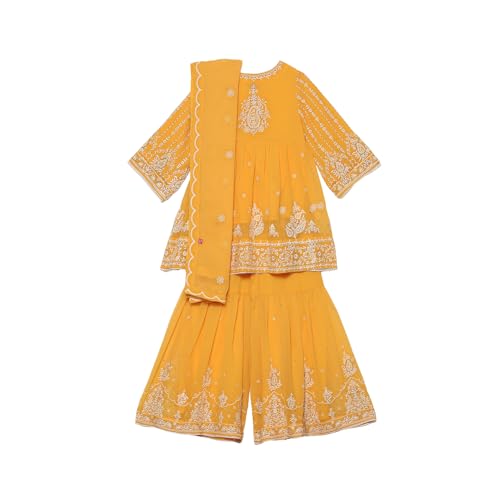 BIBA Girl's Polyester Blend Kurta, Garara, Dupatta (KWMNM6225AW24YEL_Yellow