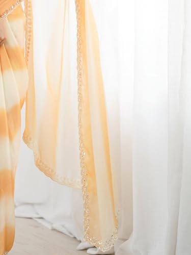 AKHILAM Women's Yellow Shimmer Satin Tie and Dye Printed Saree With Unstitched Blouse Piece (AARYAN20406_KR)