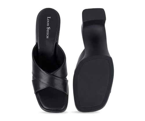 LOUIS STITCH Women's Black Stylish Cross Strap Block Heel Sandals for Women (LD06-BHCSJB105)