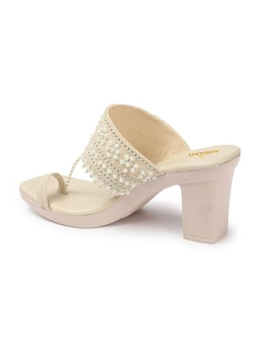 AROOM, Women's One Toe Block Heels Sandals Comfortable & Stylish Sandals for Women & Girls (Cream, UK Footwear Size System, Adult, Women, Numeric, Narrow, 8)