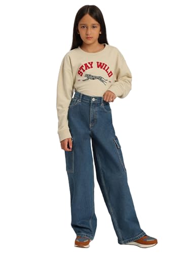 VERO MODA Girl's Solid Wide Leg High Rise Blue Jeans