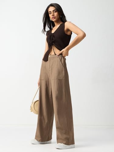 The Souled Store Cotton Linen Pants: Khaki Women and Girls Solid Cotton Linen Blend Wide Leg Mid Rise Four Pocket Lightweight Easy to Style Everyday Office Wear Pants