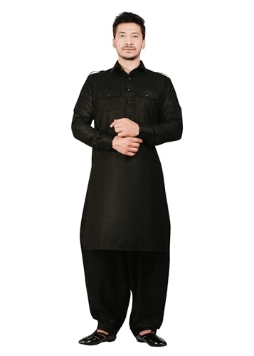 K-ROYALS Afghani Style Men'S Solid Pathani Suit/Luxury Fabric Kurta Pyjama Set (Black, XXX-Large)
