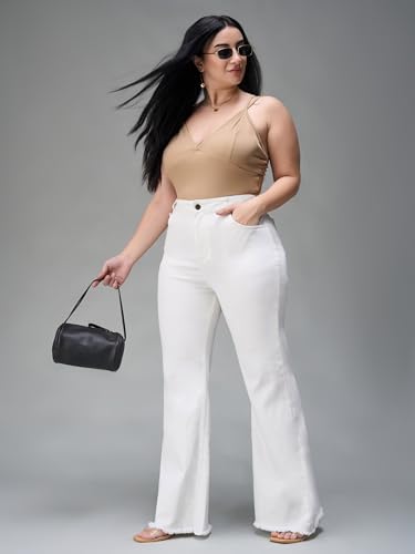 Miss Chase A+ Women's Wide-Leg High-Rise Regular-Length Stretchable Cargo Denim Jeans (APSS23DEN12-52-409-38, Frost White, 38)