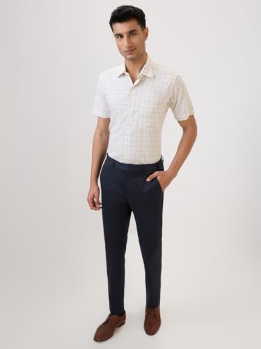 Raymond Men Regular Fit Checks Pattern Linen Blend Semicutaway Collar Half Sleeve Formal Shirt (Size: 42)-RMSY13522-F2 Yellow