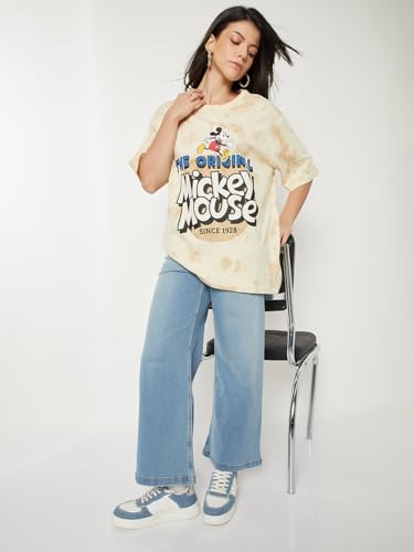 Max Women Mickey Mouse Print Oversized T-Shirt(Yellow_M)
