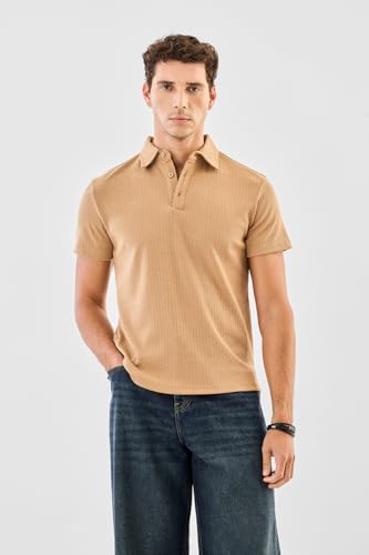 SNITCH Men's Polo T-Shirt | Ribbed Texture & Buttoned Placket | Polyester Blend Fabric, Regular Fit, Casual Wear | Beige