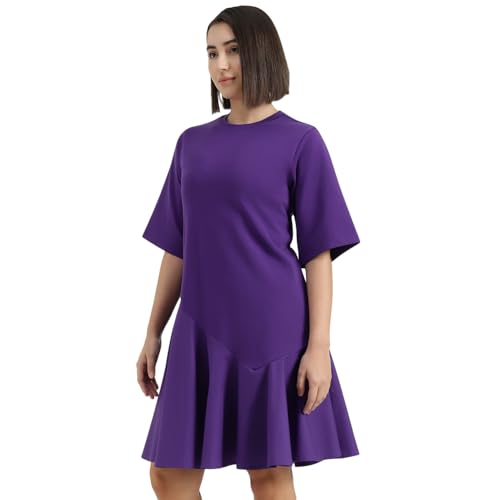 United Colors of Benetton Round Neck Solid Dress (Size : XS) - 26P3099W3823IV19 Purple