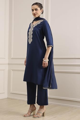 Biba Women Blue Cotton Straight Dyed Suit Set_40