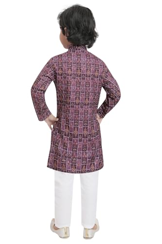 TinySteps Traditional Ethnic Wear Boys Printed Kurta With Sequence Work And White Cotton Elastic Waist Pajama Set (Wine)