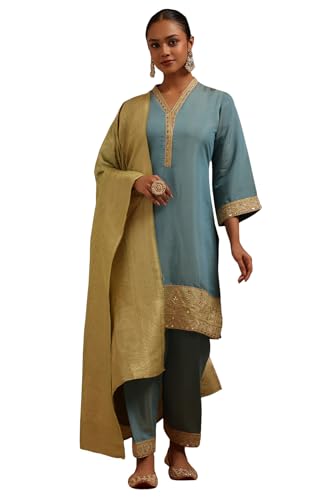 Soch Womens Turquoise Blue Silk Shimmer Solid Suit Set With Mirror Work