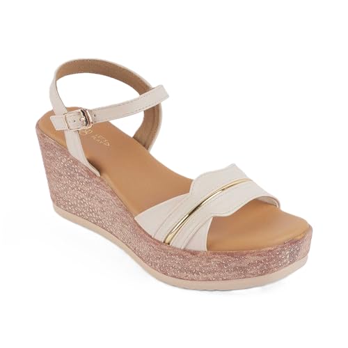 tresmode SANET Women's Wedges Sandals Platform Heels Cream, 5 UK / 38 EU - Round Open Toe Comfortable Soft Footwear - Vegan Friendly Durable