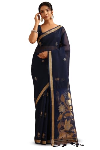Soch Womens Navy Blue Organza Botanical Zari Woven Saree